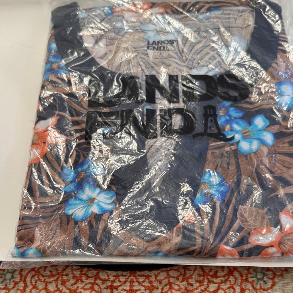 Lands' End Navy Floral Print Dress with Blue and Orange Accents